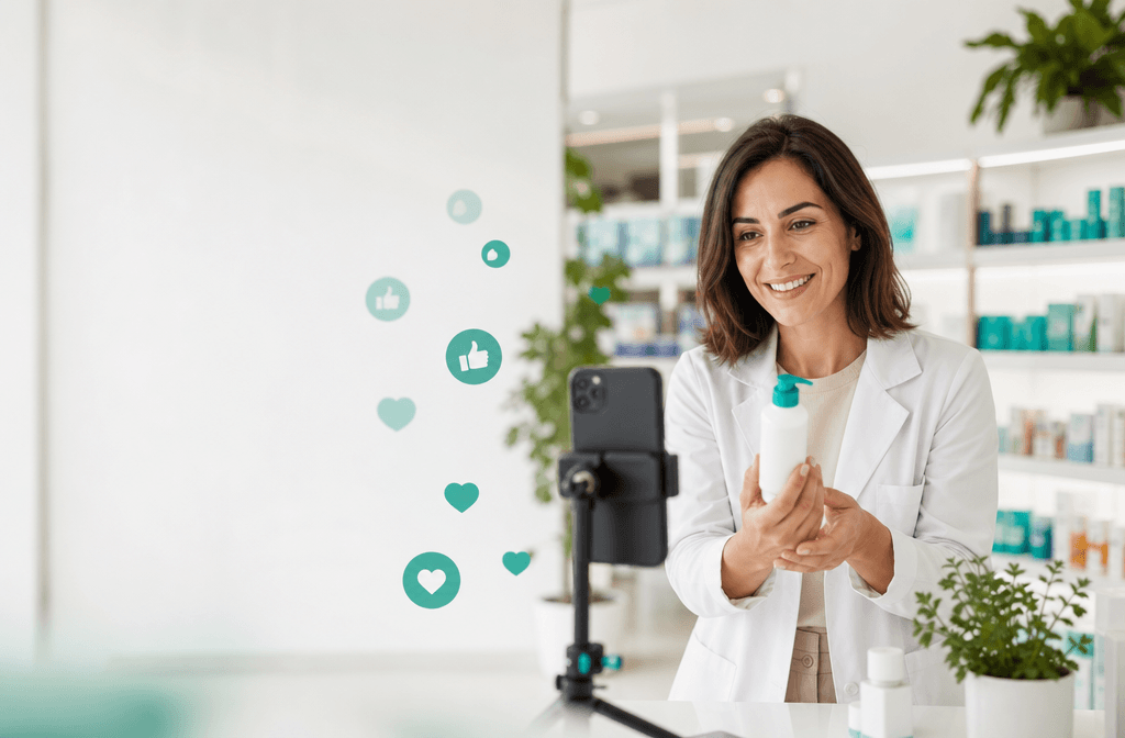 Farmacéutica creando contenido para redes sociales