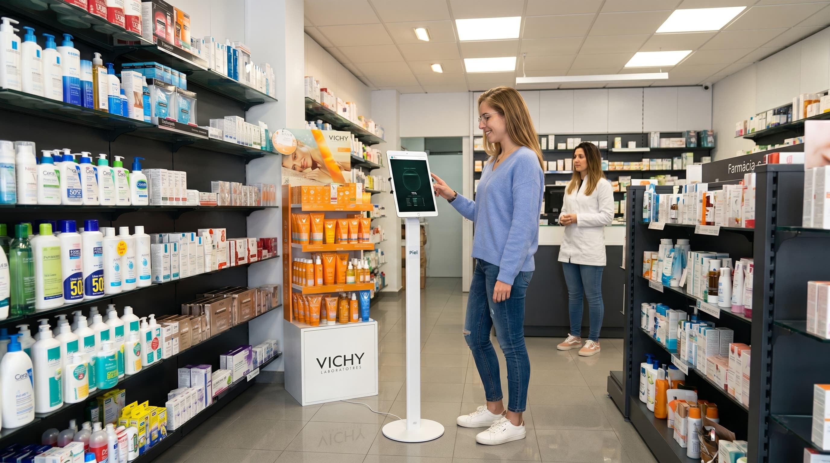 Tablet en peana con el asistente Piel dentro de una farmacia