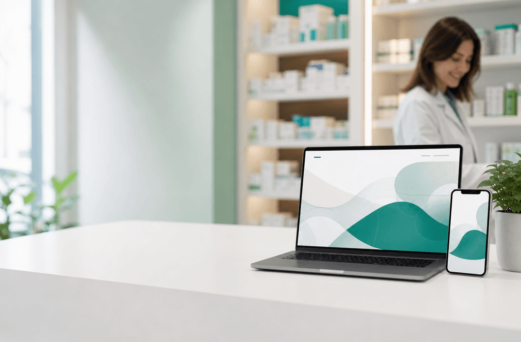 Web moderna de farmacia en un portátil y un móvil